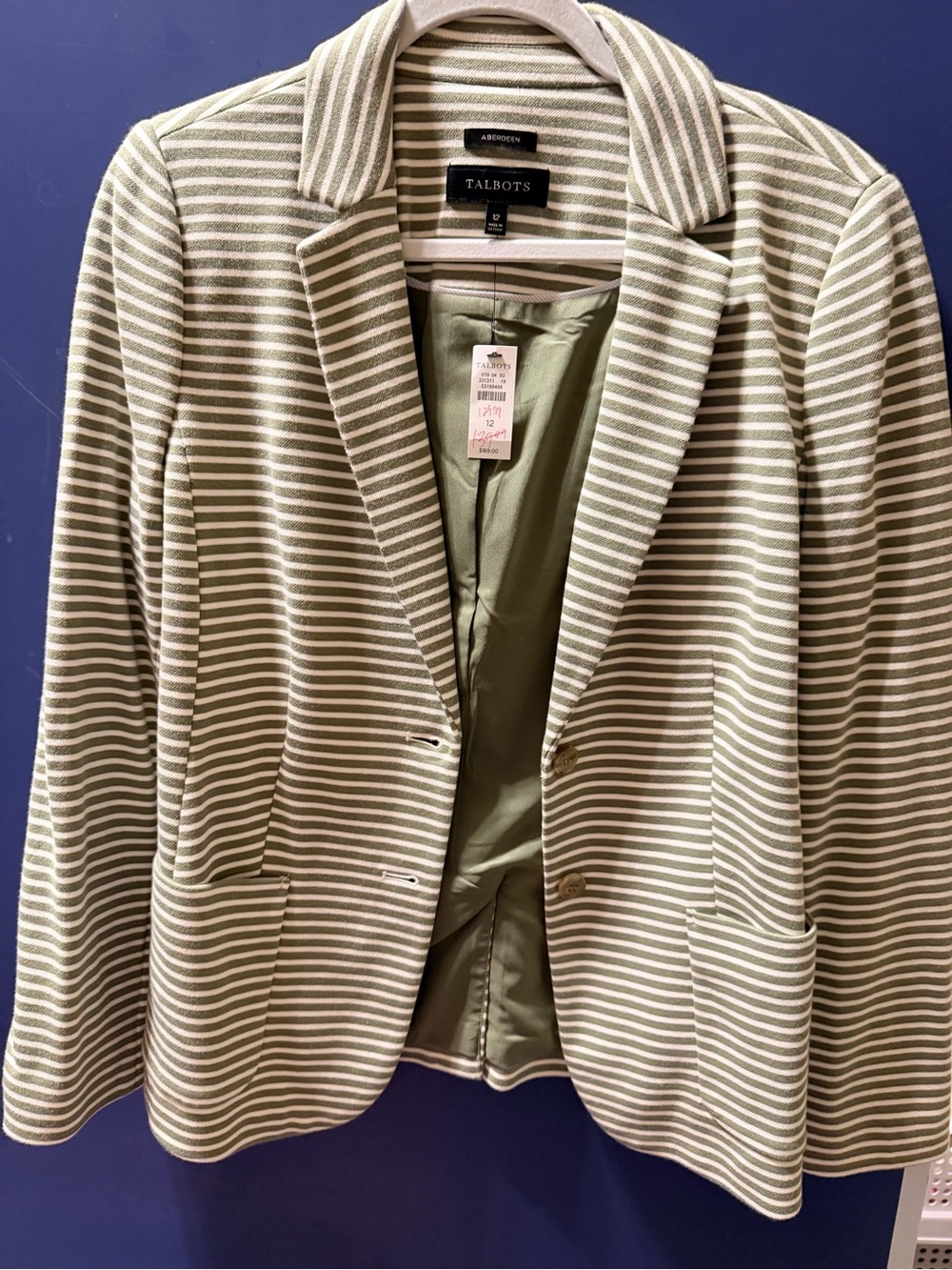 Talbots Olive and White Striped Notch-Lapel Blazer